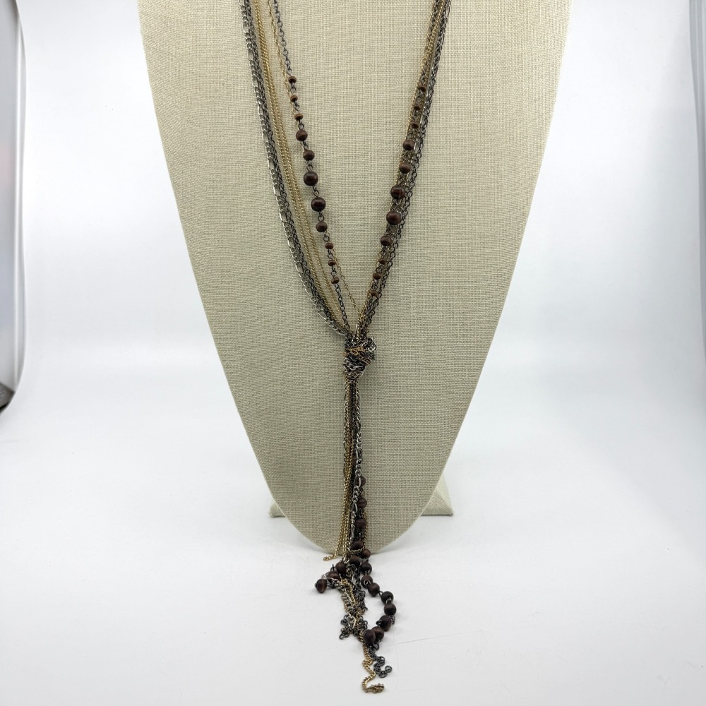 Multi-Chain Lariat Necklace Mixed Metal Wood Bead Boho Layering Statement Gift